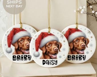Cute Dog Ornament Santa Hat Christmas Decor, Holiday Pet Lovers Gift, Personalized with Pet's Name, Custom Christmas Ornament