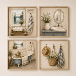 Puede incluir: Un conjunto de cuatro cuadros cuadrados con escenas de baño. Las imágenes muestran una ventana con vista al lago, un lavabo con espejo, una bañera con patas y un perchero de pared con un sombrero de paja, una cesta de flores y una toalla a rayas.