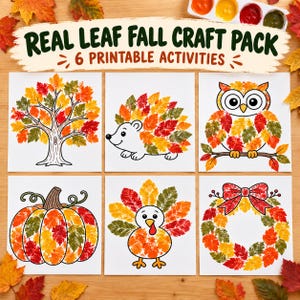 May include: A printable craft pack featuring six autumn-themed activity sheets with outlines of a tree, hedgehog, owl, pumpkin, turkey, and wreath. Each design is filled with colourful red, orange, and yellow leaf prints. Text reads REAL LEAF FALL CRAFT PACK 6 PRINTABLE ACTIVITIES.