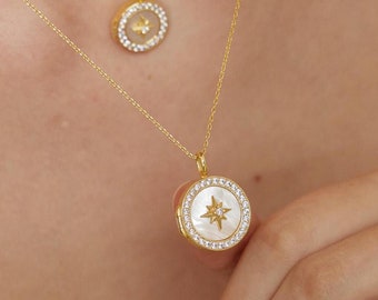 Mother of Pearl Northern Star locket • Wedding Gift • Photo Locket • Engraved Locket • Customized Locket • Gold Locket • Personalized locket