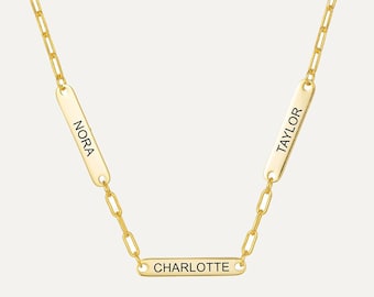 Multiple Name Bar Necklace • Name Necklace • Gold Tag Necklace • Custom Engraved Charm Necklace • Dainty Paperclip Necklace