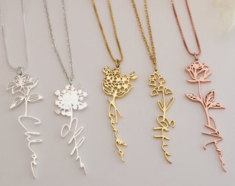Dainty Name Necklace With Birth Flower • Gold Name Necklace With