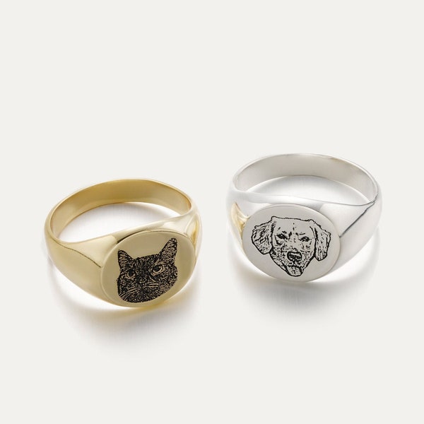 Pet Photo Ring • Custom Pet Portrait Ring • Engraved Dog Ring •  Cat Ring • Pet Memorial Jewelry • Personalized Pet Lover Gift