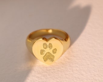 Signet Ring Custom • Pet Paw Signet Ring • Custom Pet Ring • Dog Paw Ring • Cat paw Ring • Personalized Dog Paw • Heart Signet Ring Women