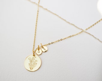 Birth Flower Necklace • Flower Necklace • Custom Birth Necklace • Coin Pendant Necklace • Engraved Necklace • Personalized Jewelry