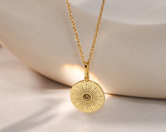 Sunburst Necklace • Personalized Necklace • Sunbeam Necklace • Minimalist Sunshine Necklace • Engraved Disc • Gifts for Her • Name Necklace