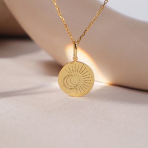 Sunburst Moon Necklace • Personalized Moon Necklace • Minimalist Sunshine Necklace • Engraved Disc • Personalized Necklace Gifts for Her