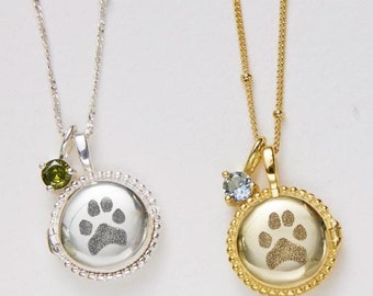 May include: Two silver necklaces with a paw print charm. One necklace has a green gemstone and the other has a blue gemstone.