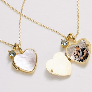 Medallón de corazón de nácar • Medallón de corazón • Cadena tipo cable • Medallón con foto • Medallón grabado • Medallón personalizado • Medallón de oro • Regalo para esposa