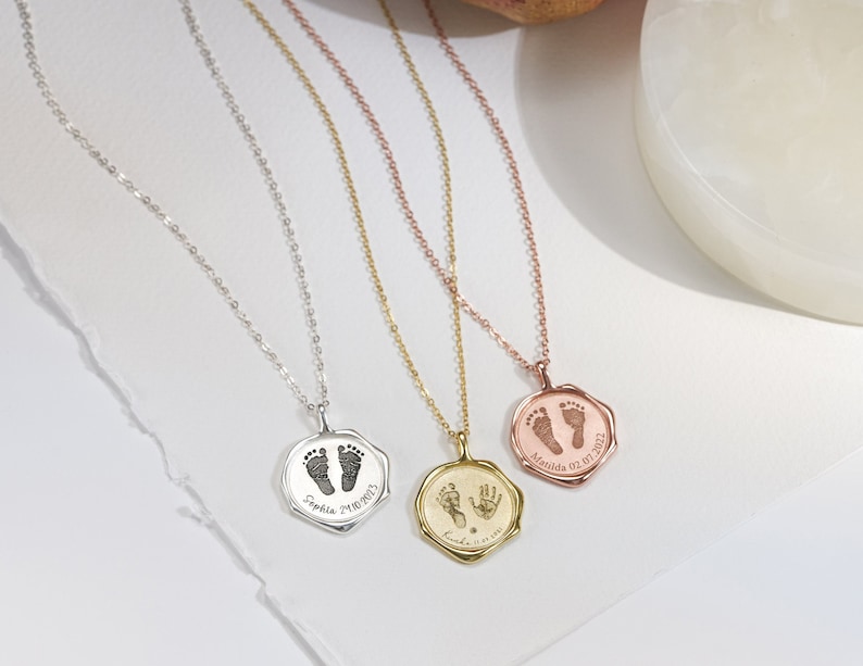 Newborn Necklace Footprint Necklace Wax Seal Necklace Personalized Mothers Gift Baby Shower Necklace Gifts for mom New Mom Gift image 6