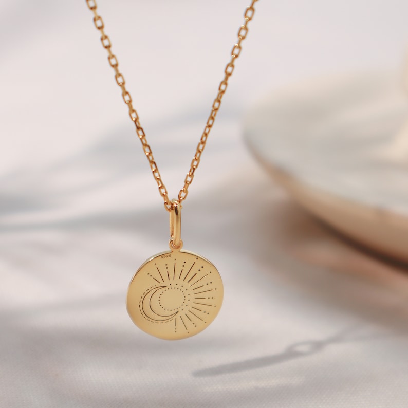 Sunburst Moon Necklace Personalized Moon Necklace Minimalist Sunshine Necklace Engraved Disc Personalized Necklace Gifts for Her image 2