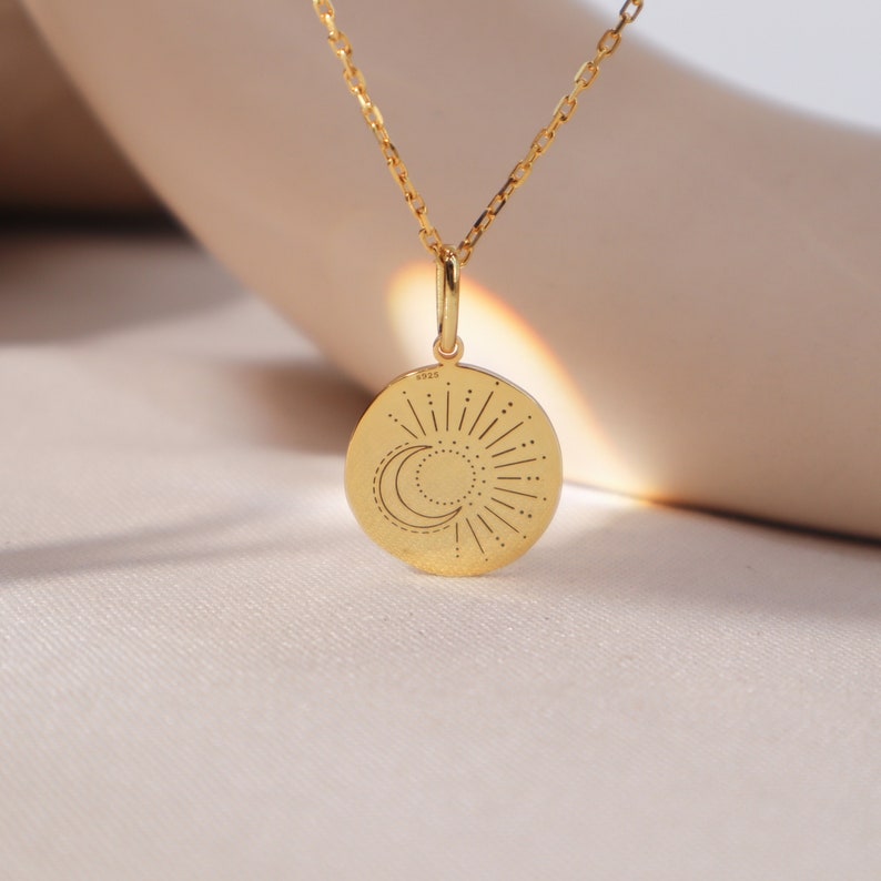 Sunburst Moon Necklace Personalized Moon Necklace Minimalist Sunshine Necklace Engraved Disc Personalized Necklace Gifts for Her image 1