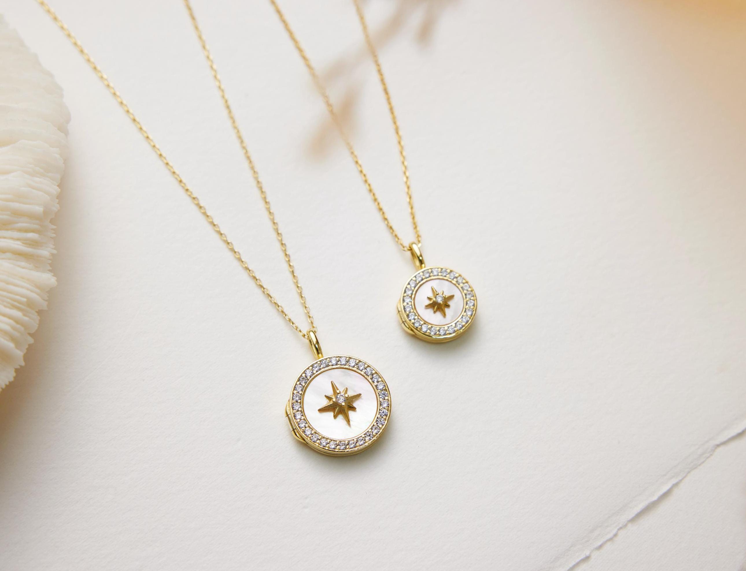 Mother of Pearl Northern Star locket • Wedding Gift • Photo Locket • Engraved Locket • Customized Locket • Gold Locket • Personalized locket