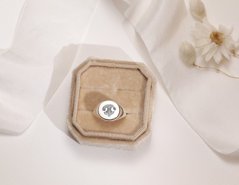 May include: A silver signet ring with a white stone and a detailed design on the top. The ring is displayed in a beige velvet ring box.