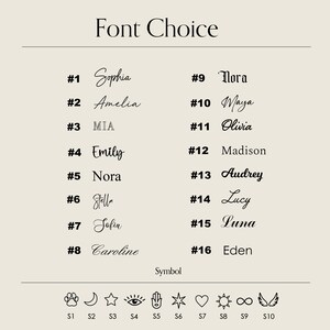 May include: A chart displaying 16 different font styles for names, numbered 1 to 16. Each font style is paired with a name, such as Sophia, Amelia, and Emily. Below the chart is a row of 10 symbols, labelled S1 to S10.