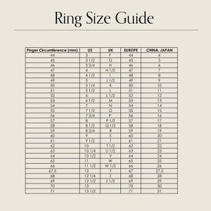 May include: A chart showing ring sizes in millimeters, US, UK, Europe, and China/Japan. The chart shows the finger circumference in millimeters, the corresponding US, UK, Europe, and China/Japan ring sizes.