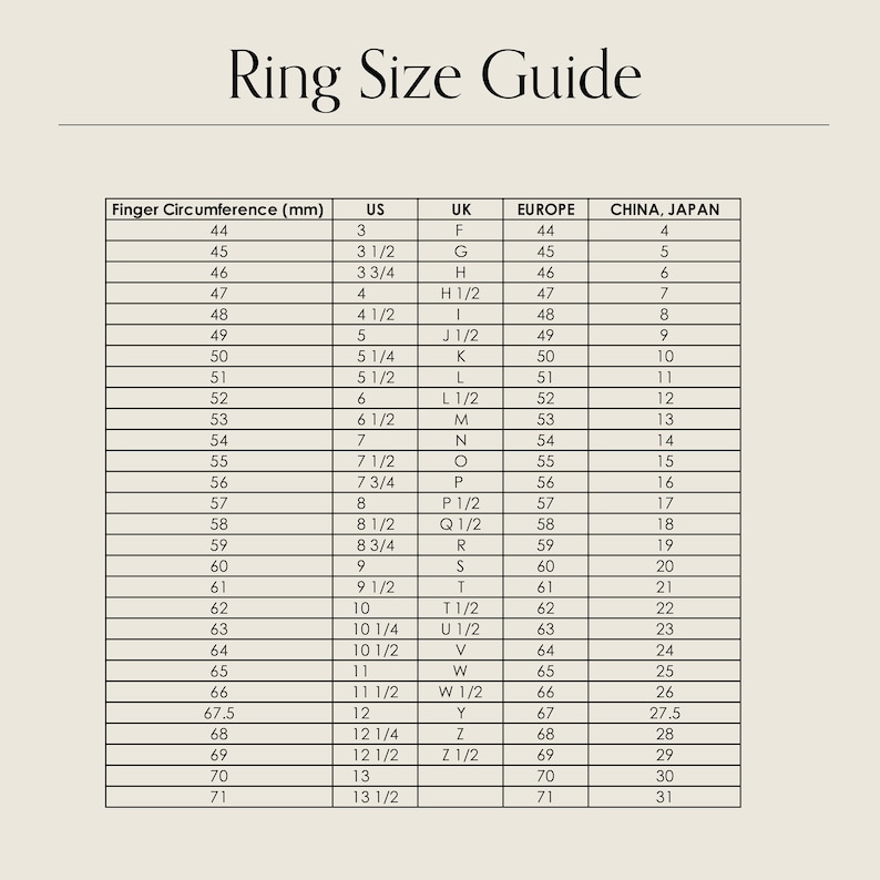 May include: A chart showing ring sizes in millimeters, US, UK, Europe, and China/Japan. The chart shows the finger circumference in millimeters, the corresponding US, UK, Europe, and China/Japan ring sizes.
