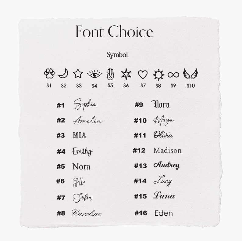 K&ouml;nnte beinhalten: Eine Tabelle mit 16 verschiedenen Schriftstilen f&uuml;r Namen. Jeder Schriftstil ist mit einer Nummer und einem Namen gepaart. Die Tabelle enth&auml;lt auch 10 Symbole, die jeweils mit einer Nummer und einem Buchstaben gepaart sind.