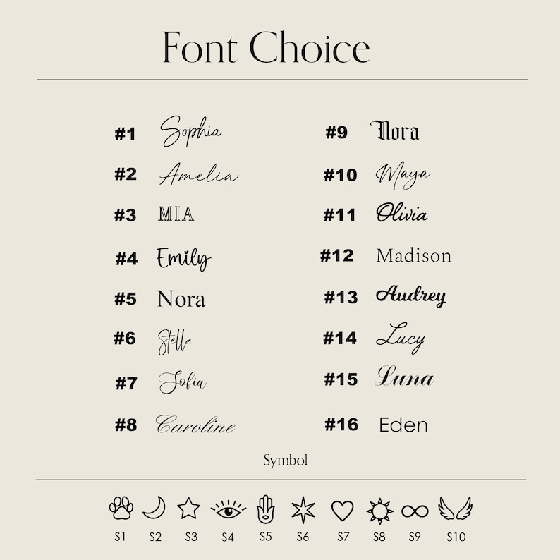 May include: A chart with 16 different font styles for names, numbered 1 through 16. Each font style is shown with a name written in the font. Below the chart is a row of 10 symbols, labeled S1 through S10.