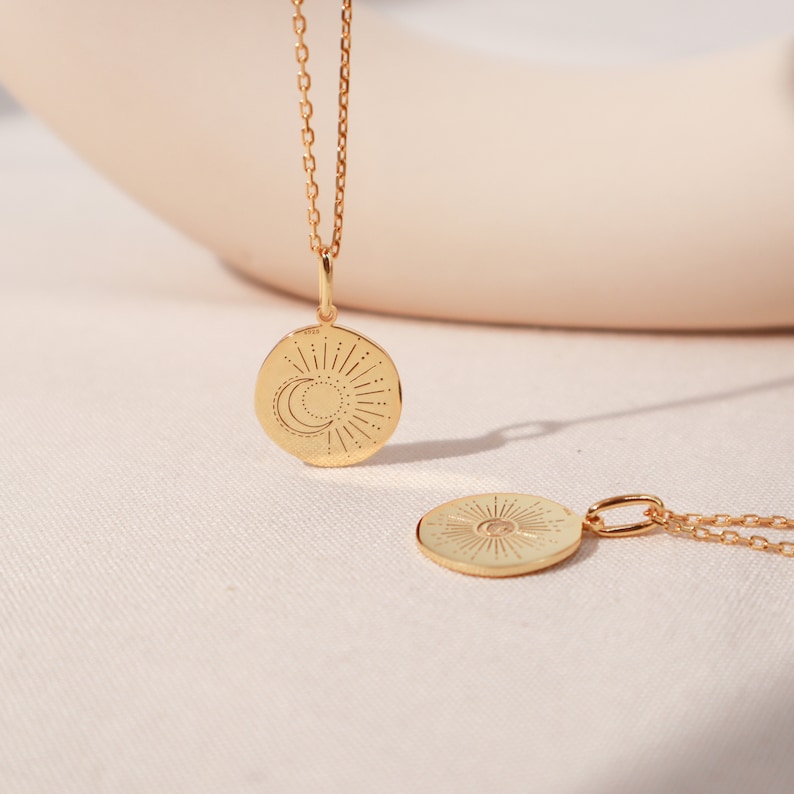 Sunburst Moon Necklace Personalized Moon Necklace Minimalist Sunshine Necklace Engraved Disc Personalized Necklace Gifts for Her image 3