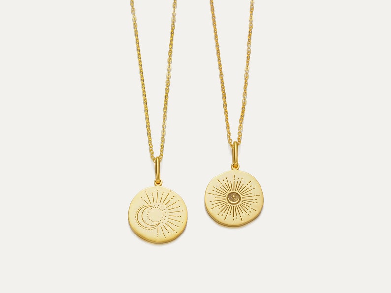 Sunburst Moon Necklace Personalized Moon Necklace Minimalist Sunshine Necklace Engraved Disc Personalized Necklace Gifts for Her image 5