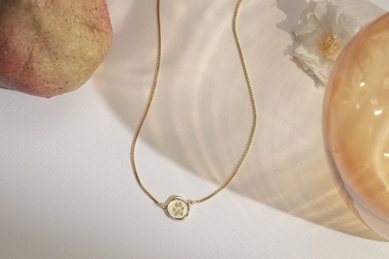 Peut inclure: Un collier en cha&icirc;ne dor&eacute;e avec un petit pendentif rond &agrave; fond blanc et un motif de patte de chien dor&eacute;e.