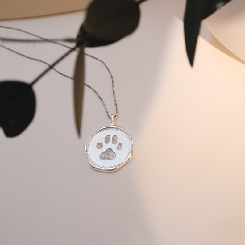 May include: A silver necklace with a round pendant featuring a paw print. The pendant is engraved with a detailed paw print.