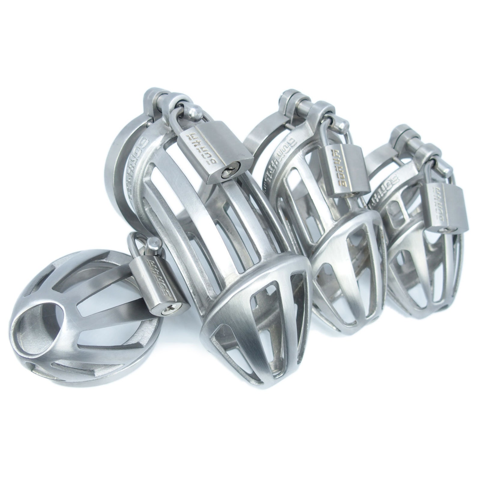 BON4Max Pack complet de Cages de chasteté masculine avec quatre cages de bite en acier BON4Max Pack complet de Cages de chasteté masculine avec quatre cages de bite en acier