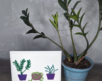 3 plantes en pot, motif brodé à la main