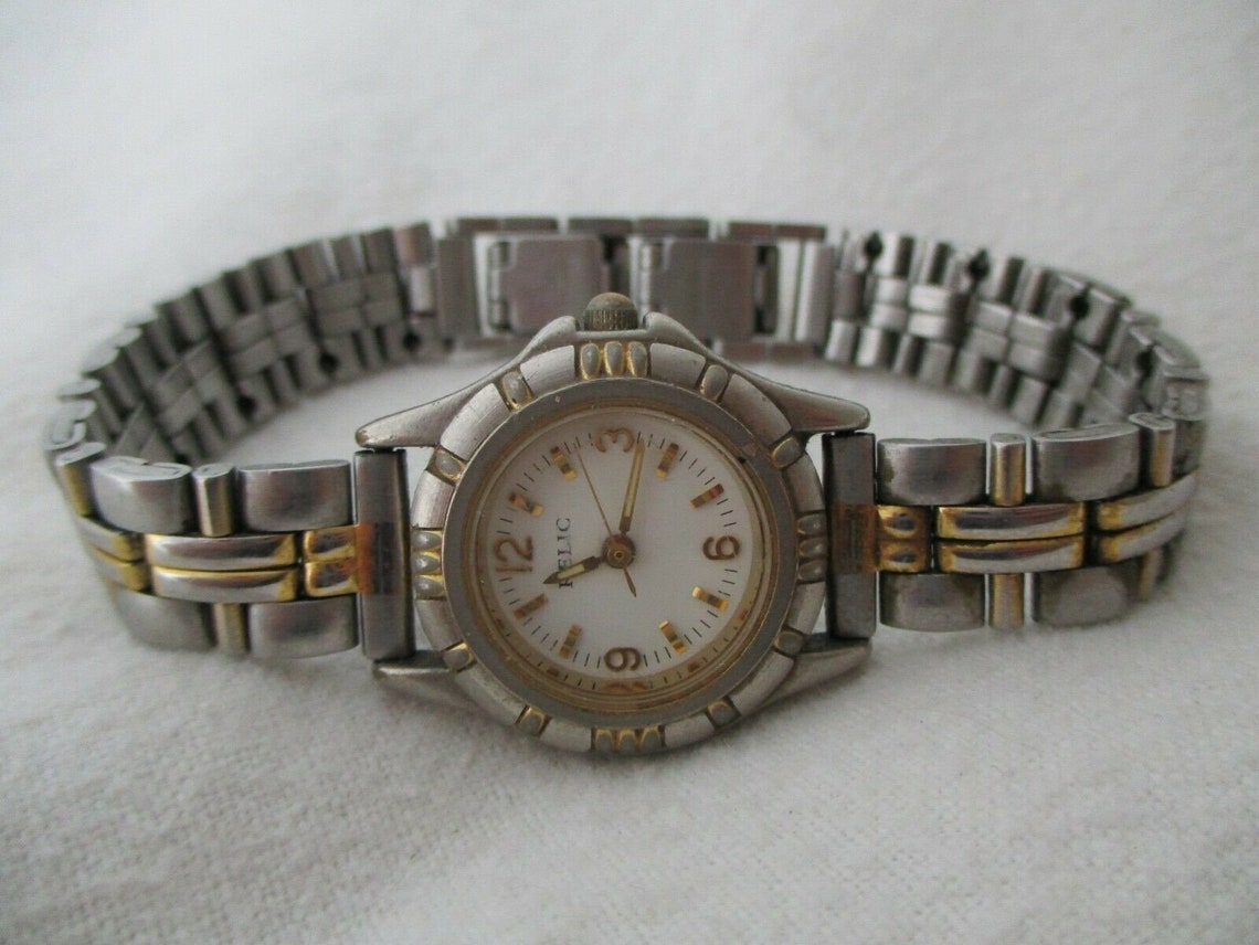Relic Watch Stainless Steel Link Band Gold Toned Round White Etsy
