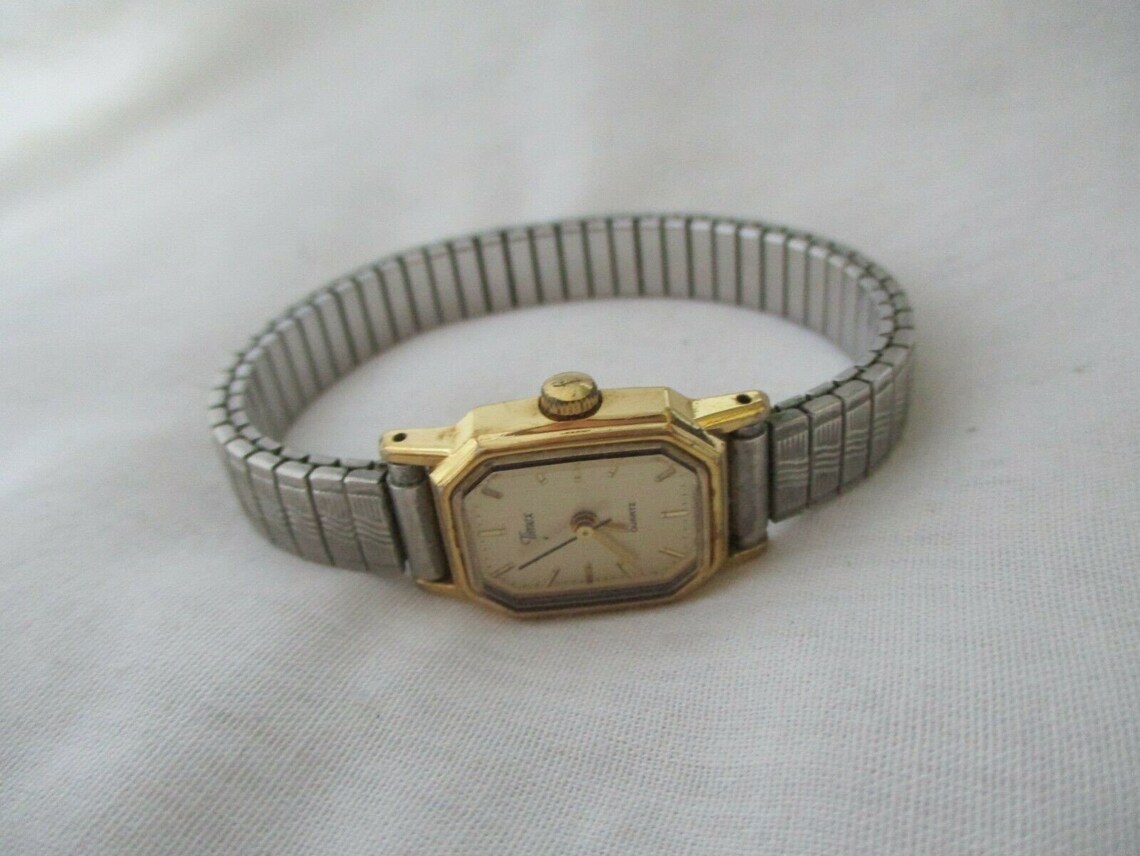 Timex Watch Gold Toned Rectangular Face Silver Toned Expansion Etsy