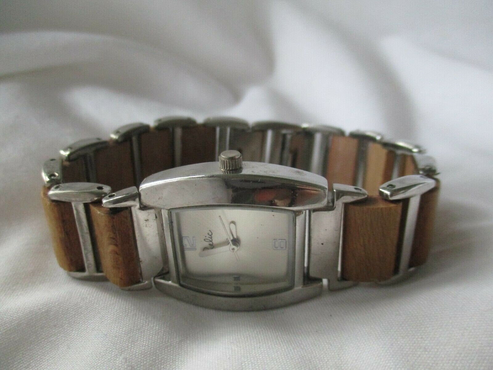 Relic Watch Silver Toned & Brown Wooden Link Band Rectangular Etsy