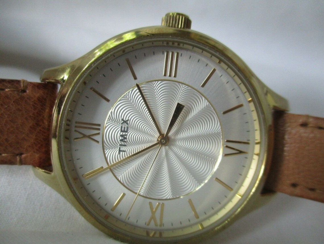 Timex Watch Gold Toned Brown Leather Band Roman Numerals Etsy