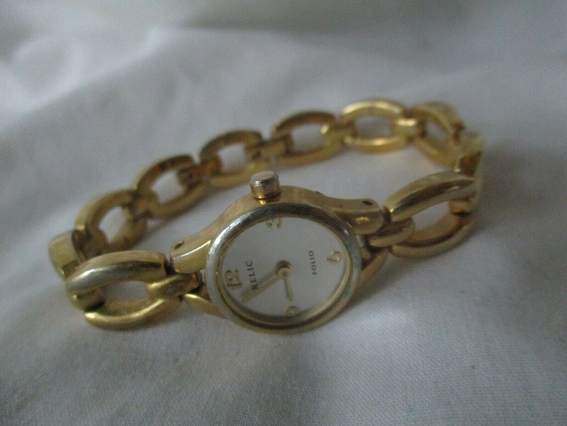 Relic Folio Watch Gold Toned Link Band Round Face Water Resist Etsy