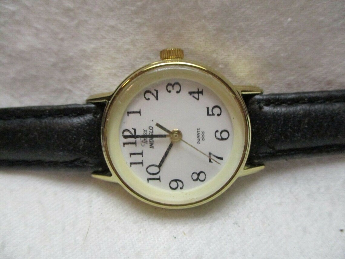 Timex Indiglo Watch Black Genuine Leather Buckle Band Gold Etsy