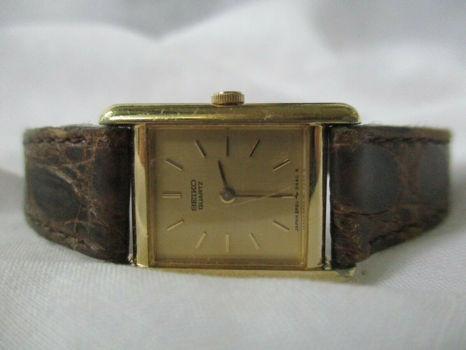 Seiko Watch Gold Toned Rectangular Face Brown Band Elegant Etsy