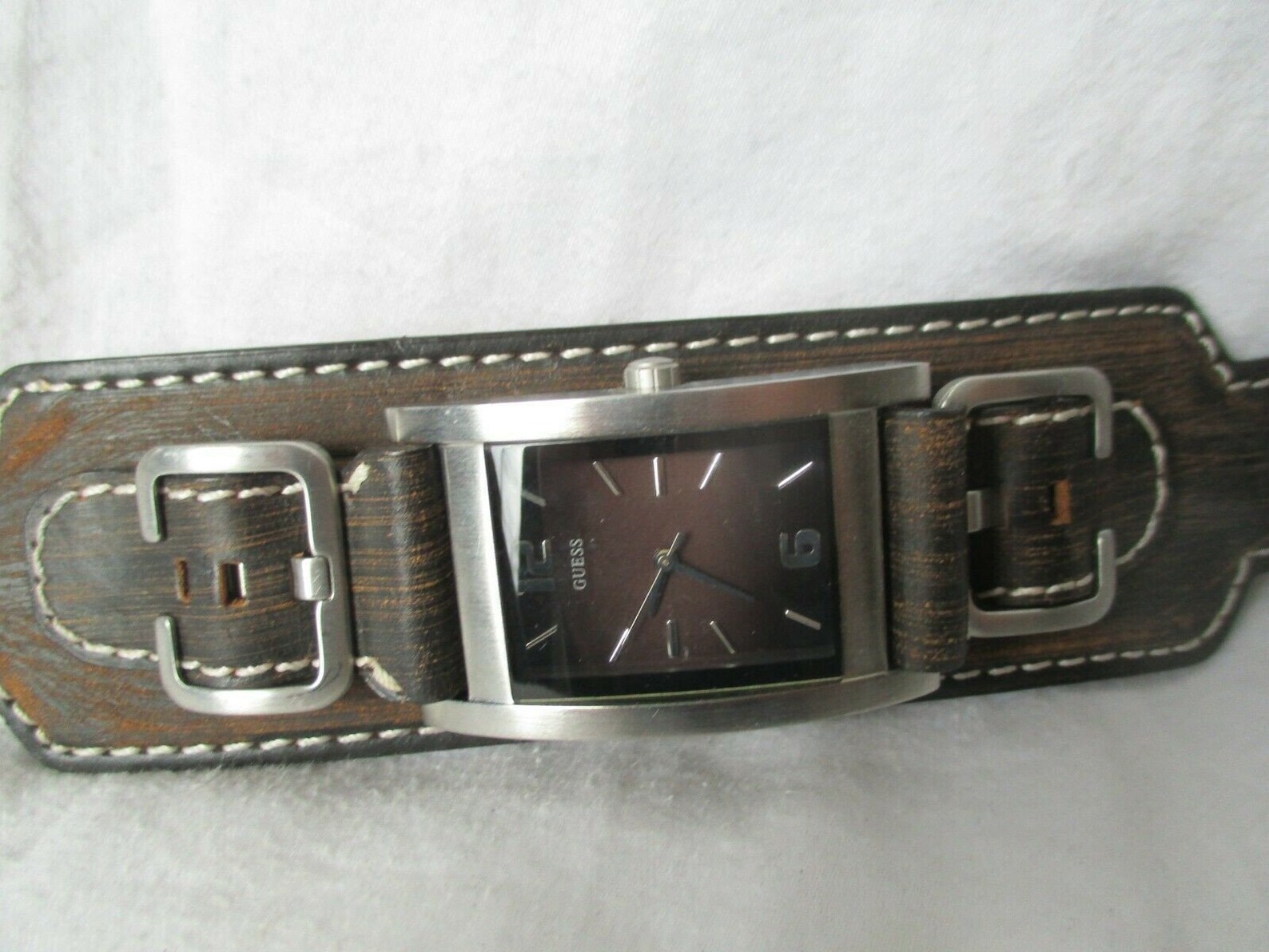 Guess Watch Brown Leather Buckle Band Silver Toned Rectangular Etsy