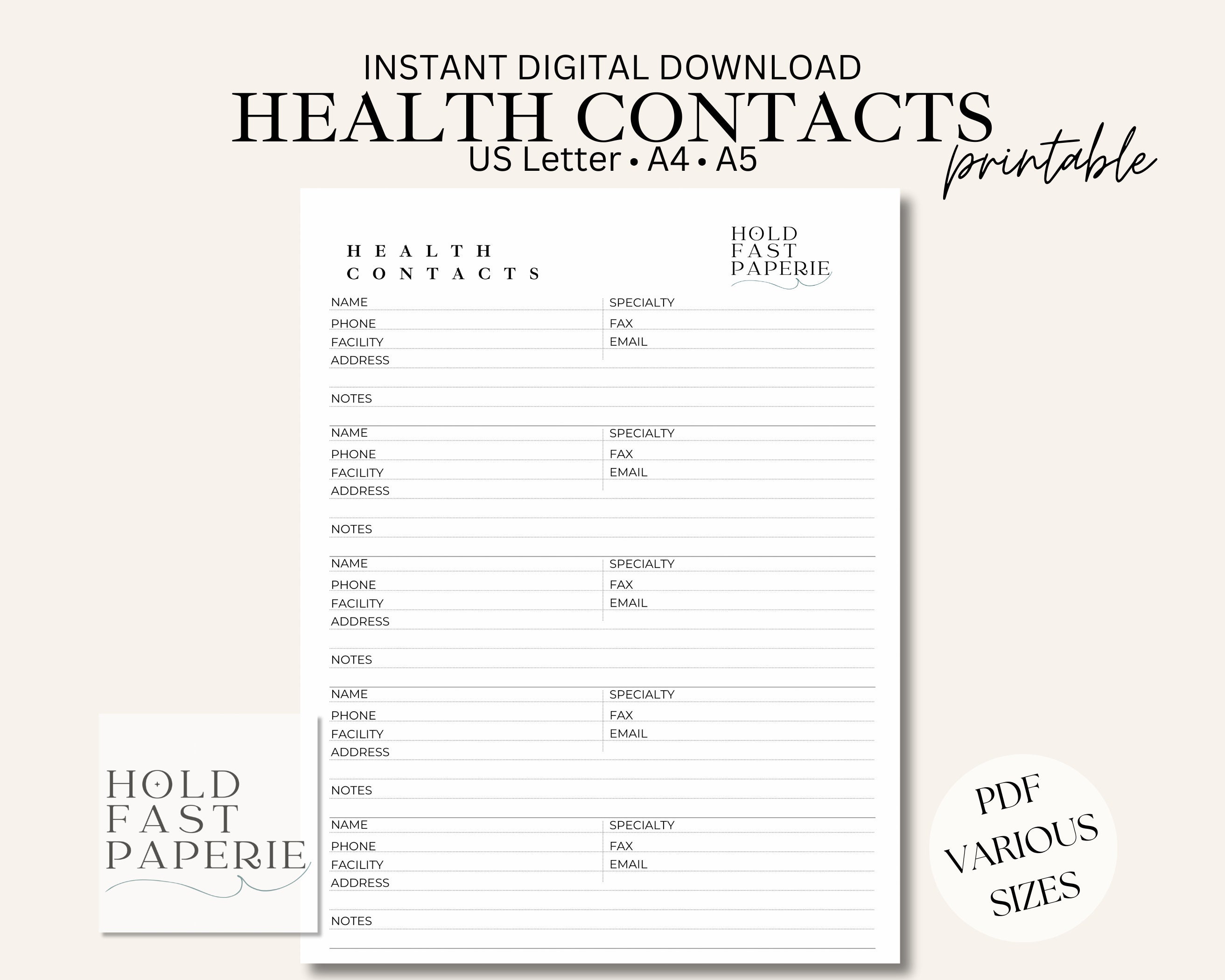 Health Contacts Printable, Medical Contact List, Digital Print ...