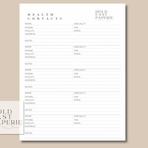 Health Contacts Printable, Medical Contact List, Digital Print, Downloadable