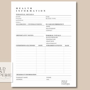 Health Information Printable, Medical Information List, Digital Print, Downloadable