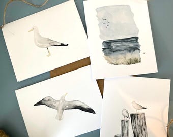 Cartes de voeux côtières aquarelles faites main | Ensemble de 4 cartes de correspondance vierges