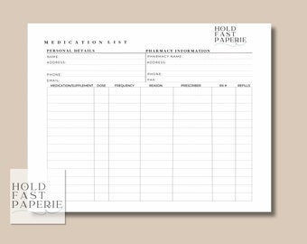 May include: A printable medication list with sections for personal details, pharmacy information, and a table to list medications, supplements, dosage, frequency, reason, prescriber, RX number, and refills.