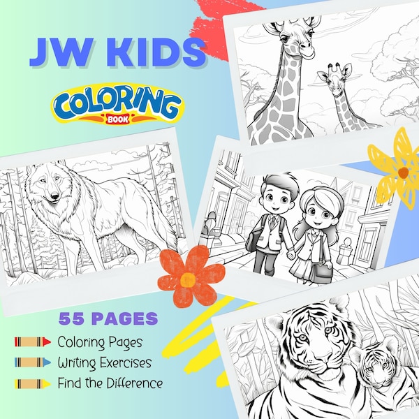 Livre de coloriage en anglais JW Kids, 55 pages, livre d'activités de réunion JW, pages à colorier JW, coloriage à imprimer