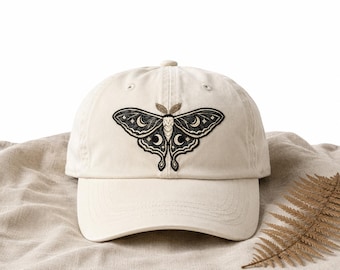 Gorra bordada Luna Moth / Sombrero Cottagecore, Regalo Dark Academia, Gorra de béisbol para amantes de la naturaleza, Estética de bruja, Sombrero Goblincore