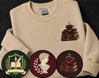 Sudadera bordada estilo Dark Academia / Cuello redondo con busto de libros de mármol y escudo universitario / 3 diseños / Regalo literario chic para amantes de los libros / Elige el color