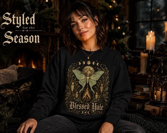 Blessed Yule Sweatshirt, Winter Solstice Shirt, Luna Moth Pagan Christmas Crewneck, Witchy Yuletide Gift, Moon Phase Holiday, Gildan 18000