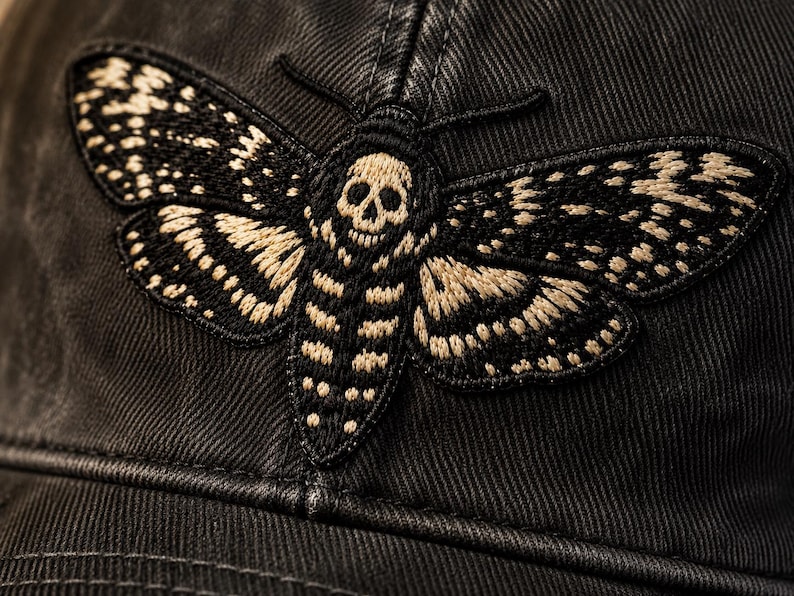 Death's Head Moth Embroidered Vintage Cap | Gothic Hat, Skull Moth Cap, Dark Aesthetic Hat, Halloween Cap, Occult Gift image 6