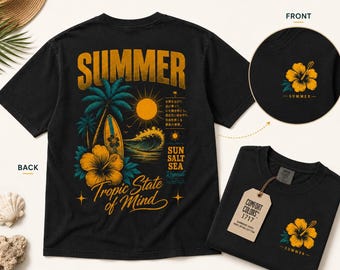 Camiseta de verano con estampado de hibisco / Camiseta retro de surf Comfort Colors / Top para vacaciones tropicales en la playa / Camiseta gráfica de estilo vintage para mujer