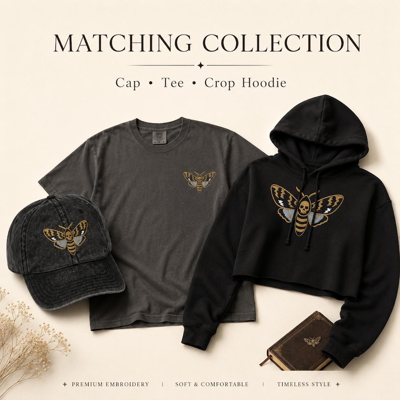 May include: A matching collection featuring a charcoal gray baseball cap, a charcoal gray t-shirt, and a black cropped hoodie. Each item displays an embroidered moth graphic with a skull pattern. Text reads MATCHING COLLECTION Cap &bull; Tee &bull; Crop Hoodie.