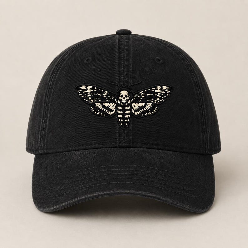 Death's Head Moth Embroidered Vintage Cap | Gothic Hat, Skull Moth Cap, Dark Aesthetic Hat, Halloween Cap, Occult Gift Black